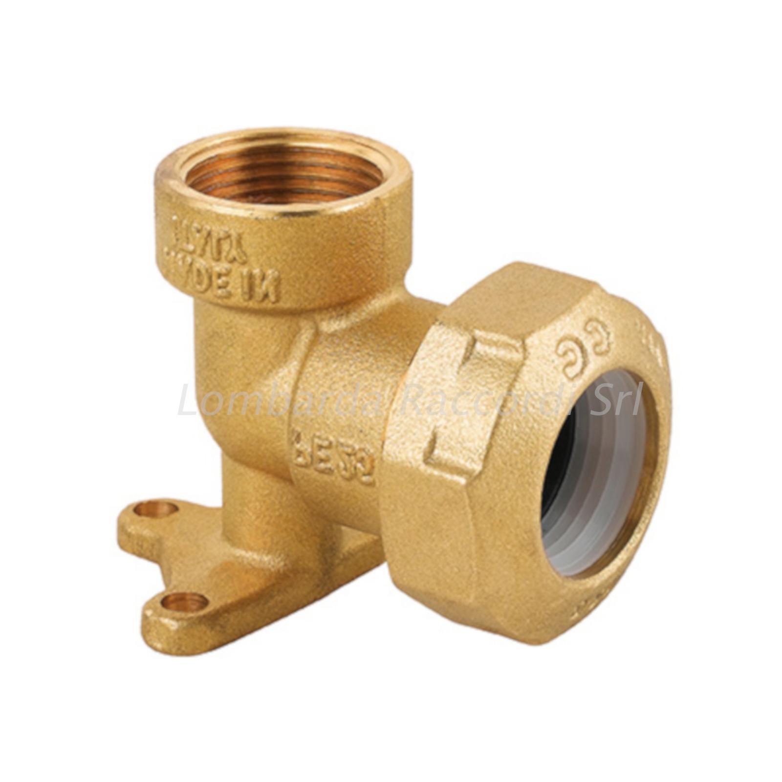 GOMITO 90° CON FLANGIA ATTACCO MURO FIL. F IN OTTONE STRINGERE PER TUBO PE/PVC